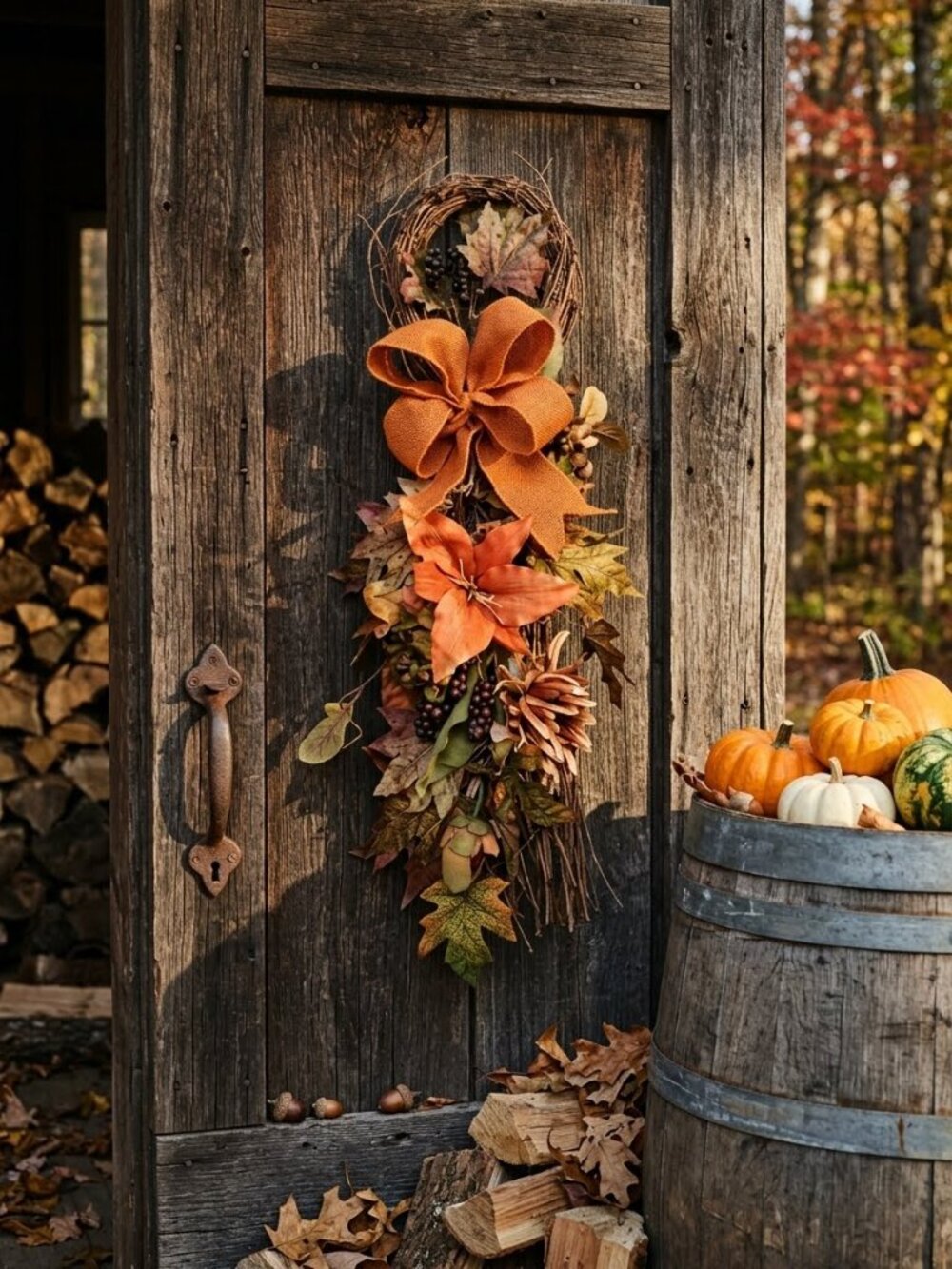 Handmade Autumn Orange Grapevine Door Swag with Bow